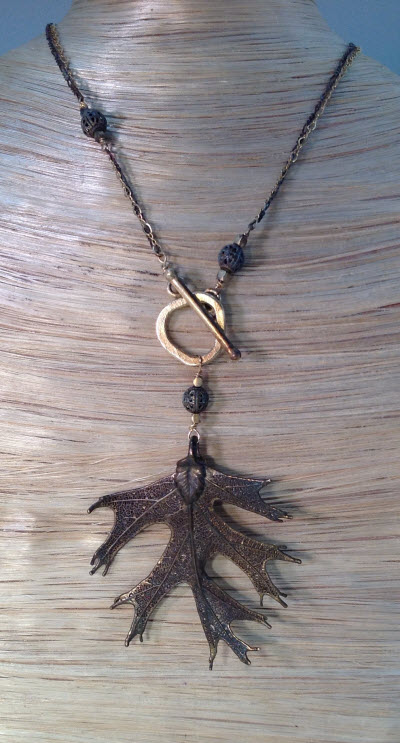 Antiqued Brass Walnut Leaf Necklace on bust