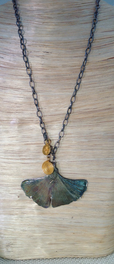 Antiqued Silver Ginkgo Necklace on bust