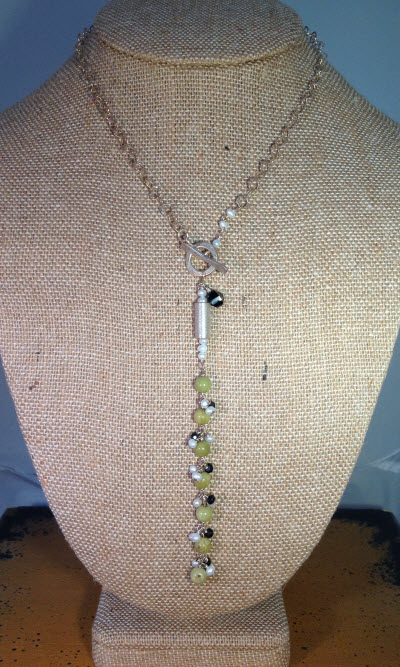 Olive Jade Pearls and Spinel Necklace on bust