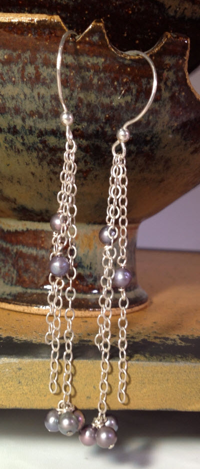 Silver Blue Freshwater Pearl and Sterling Earrings on pottery