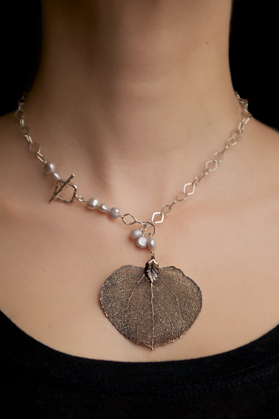 Real Aspen Leaf Necklace with Freshwater Pearls